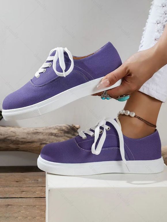 Round Toe Lace Up Flat Casual Canvas Shoes - Pourpre EU 43
