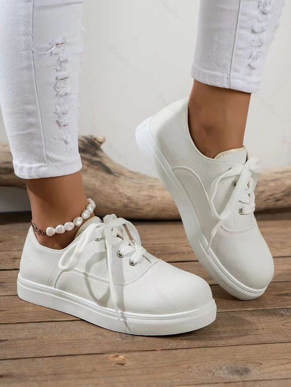 Round Toe Lace Up Flat Casual Canvas Shoes - Blanc EU 43