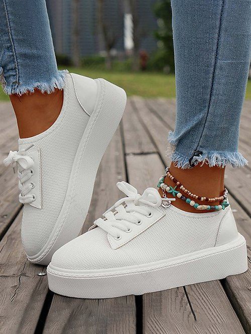 Lace Up Flat Platform Slip On Casual Sport Shoes - Blanc EU 39