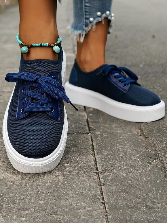 Lace Up Flat Platform Slip On Casual Sport Shoes - Bleu profond EU 43