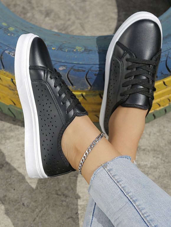 Flower Hollow Out Lace Up Flat Casual Shoes - Noir EU 43