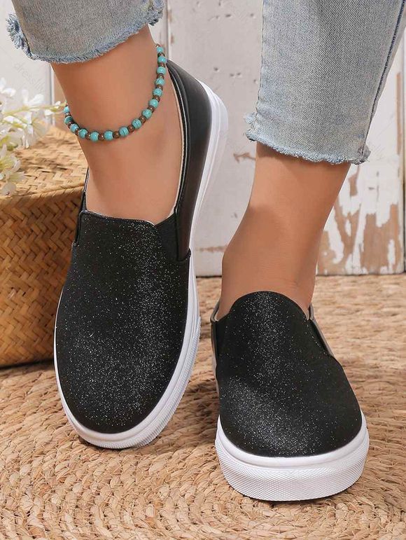 Colorblock Sequined Round Toe Slip On Casual Flat Shoes - Noir EU 39