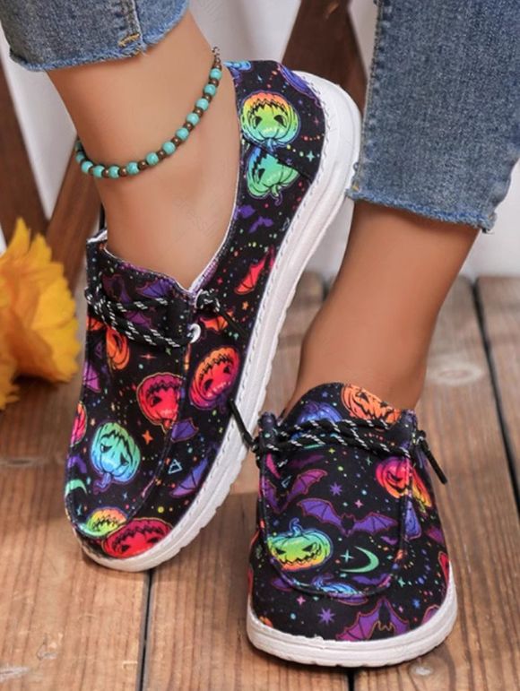 Halloween Colorful Pumpkin Print Lace Up Shoes - Noir EU 36