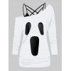 Halloween Ghost Face Print Skew Collar Long Sleeve T-shirt And Lattice Spaghetti Strap Camisole Set