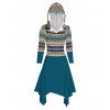 Robe Mi-Longue à Capuche Géométrique Ethnique Imprimée à Ourlet Asymétrique - Bleu XXL | US 14