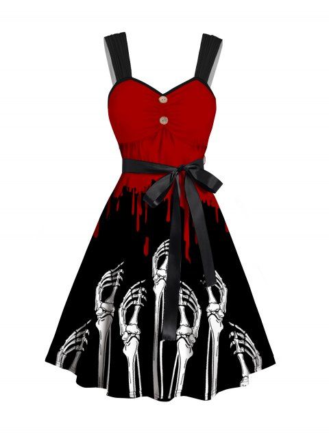 Halloween Belted Mini Dress Blood Skeleton Hand Print Mock Button Ruched Dress