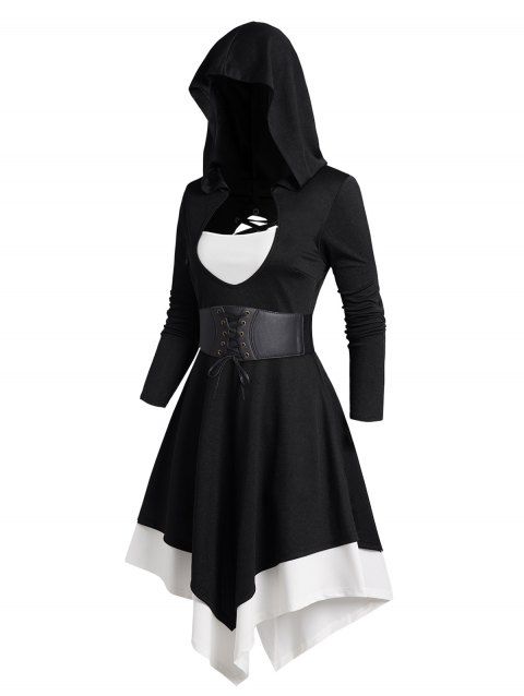 Gothic Colorblock Cut Out Lace Up Hooded Dress Long Sleeve Belted Asymmetric Dress