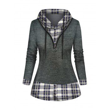 

Plaid Panel 3D Print Hooded Top O Ring Half Zipper Drawstring Long Sleeve Top With Hood, Gray