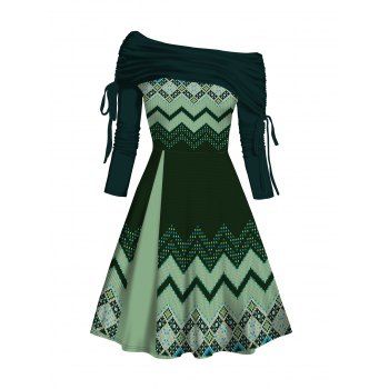 

Tribal Chevron Pattern Off The Shoulder Mini Dress Cinched Long Sleeve Ethnic Dress, Deep green