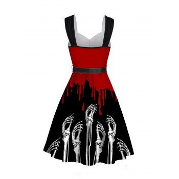Halloween Belted Mini Dress Blood Skeleton Hand Print Mock Button Ruched Dress