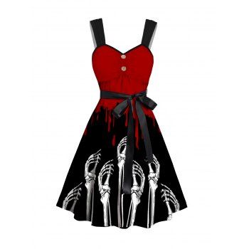 

Halloween Belted Mini Dress Blood Skeleton Hand Print Mock Button Ruched Dress, Red