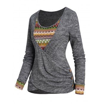 

Ethnic Knit Crossover Ruched Faux Twinset Top Tribal Geometric Colorful Stripe Mock Button Knitted Twofer Top, Gray