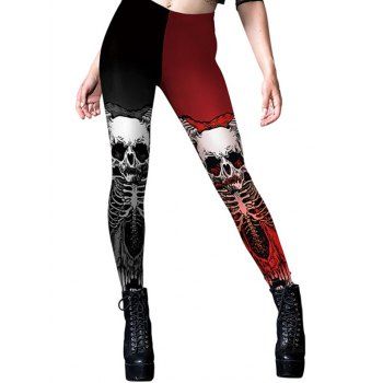 

Skull Skeleton Print Two Tone Leggings Long Elastic Waist Skinny Leggings, Black