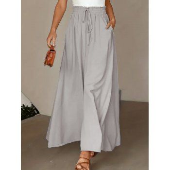 

Solid Color Wide Leg Pants Drawstring Elastic Waist Slash Pockets Loose Paperbag Pants, Light gray