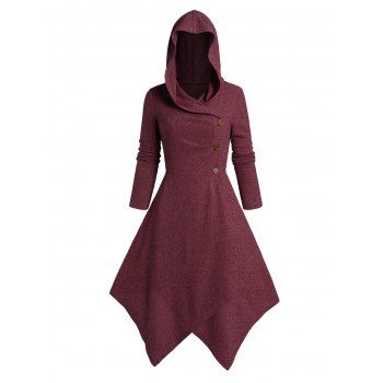 

Asymmetric Long Knit Hooded Coat Button Up High Waist Knitted Solid Color Top With Hood, Deep red