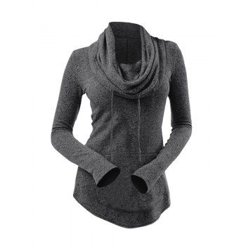 

Cowl Neck Heathered Knit Top Drawstring Front Pocket Curved Hem Knitted Top, Dark gray