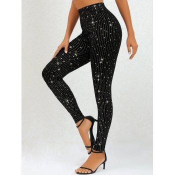 

Christmas Stripe Star Print Leggings Elastic Waist Long Skinny Leggings, Black