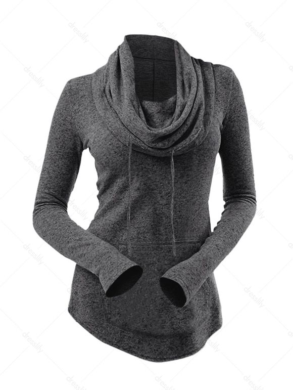 Haut Chiné Tricoté à Ourlet Courbe avec Poche en Avant à Cordon - Gris Foncé XXL