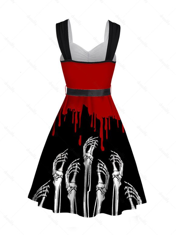 Mini Robe D'Halloween Ceinturée Squelette Main Imprimée avec Bouton - Rouge S | US 4