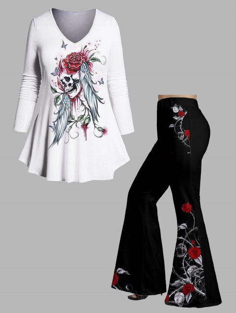 Plus Size Flower Skull Wing Print Long Sleeve V Neck T-shirt And Rose Skull Print Flare Outfit