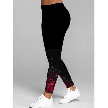 Plus Size Rose Flower Print Leggings Long High Waist Curve Leggings, Black