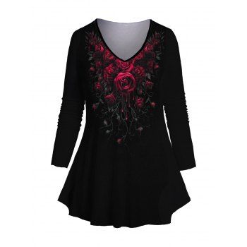 

Plus Size & Curve Rose Print T-shirt V Neck Long Sleeve Gothic Tee, Black