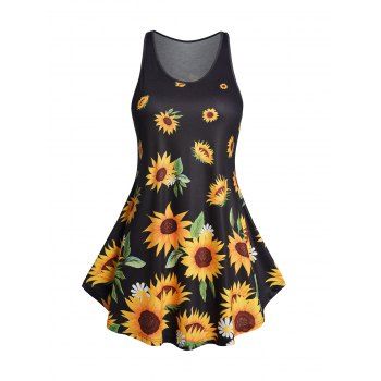 

Plus Size Tank Night Dress Sunflower Print Sleeveless A Line Casual Dress, Black