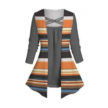 

Plus Size & Curve Faux Twinset Contrast Stripe Print Crisscross Long Sleeve Twofer T-shirt, Multicolor a