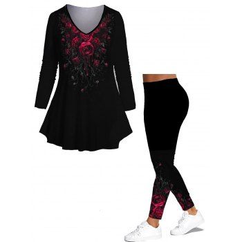 

Plus Size Gothic Outfit Rose Print Long Sleeve T-shirt And High Waist Long Leggings Set, Black
