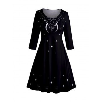 

Plus Size & Curve A Line Dress Star Geometric Print Casual Midi Dress, Black