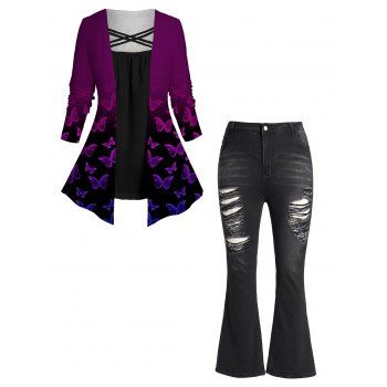 

Plus Size Outfit Butterfly Print Ombre Crisscross Faux Twinset Top And Ripped Long Flare Jeans Set, Concord