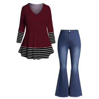 

Plus Size Outfit Stripe Print Panel V Neck Long Sleeve T-shirt And Raw Hem Zip Fly Flare Jeans Set, Multicolor a