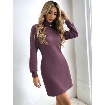 

Solid Color Turtleneck Mini Knit Dress Textured Long Sleeve Knitted Dress, Light purple