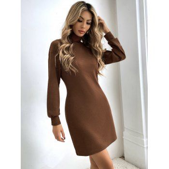 

Solid Color Turtleneck Mini Knit Dress Textured Long Sleeve Knitted Dress, Coffee