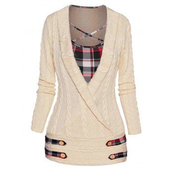

Twisted Cable Knit Faux Twinset Sweater Crossover Plaid Print Crisscross Twofer Sweater Top, Light yellow
