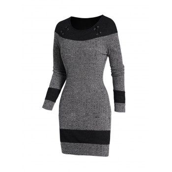 

Colorblock Panel Knit Mini Dress Textured Heathered Long Sleeve Knitted Dress, Gray