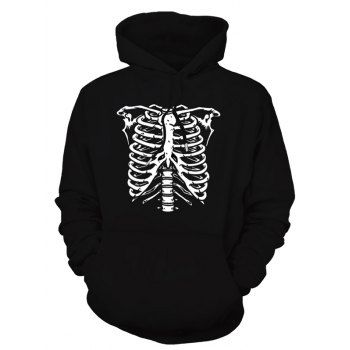 

Fleece Lining Hoodie Skeleton Print Drawstring Casual Hoodie, Black