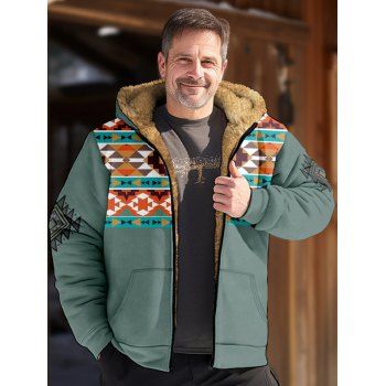 

Faux Fur Lining Ethnic Hooded Coat Tribal Geometric Print Zip Up Warm Coat, Multicolor