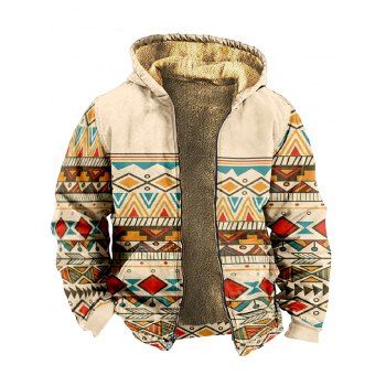 

Fuzzy Lining Ethnic Hooded Coat Tribal Geometric Print Zip Up Warm Coat, Multicolor