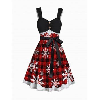 

Christmas Snowflake Plaid Belted Mini Dress Mock Button Ruched A Line Dress, Red