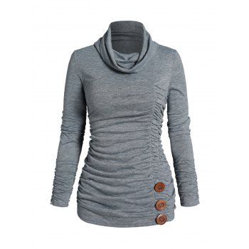 

Cowl Neck Ruched Long Sleeve T-shirt Mock Button Heathered Casual Tee, Gray