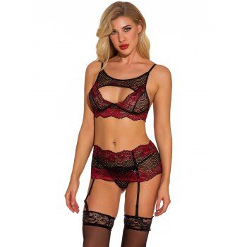 

Sheer Flower Lace Cut Out Bralette And Garter Set Adjustable Strap Skirt T-back Lingerie Set, Red