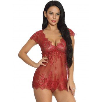 

Sheer Flower Lace Lingerie Set Cap Sleeve Plunge T-back Lingerie Set, Red