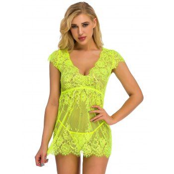 

Sheer Flower Lace Lingerie Set Cap Sleeve Plunge T-back Lingerie Set, Green