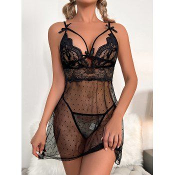 

Sheer Flower Lace Polka Dots Mesh Babydoll Set Adjustable Strap Tie Knots T-back Lingerie Set, Black