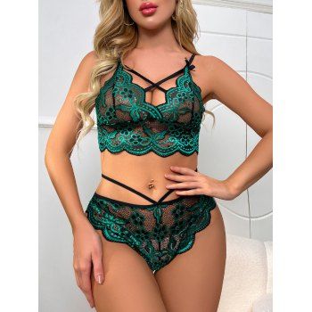 

Flower Embroidery Bralette And Panty Set Crisscross Adjustable Strap Lingerie Set, Green