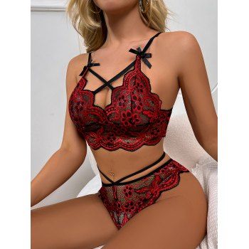 

Flower Embroidery Bralette And Panty Set Crisscross Adjustable Strap Lingerie Set, Red