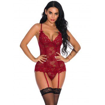 

Sheer Flower Lace Longline Bralette And Garter Set Lace Up Backless Lingerie Set, Red