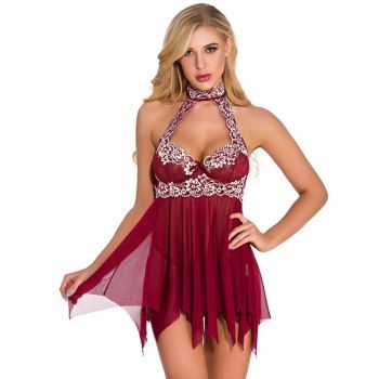 

Sheer Flower Embroidery Lace Mesh Flyaway Babydoll Set High Neck Knot T-back Lingerie Set, Red