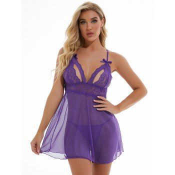 

Sheer Flower Lace Mesh Babydoll Set Adjustable Strap Bowknot T-back Lingerie Set, Purple